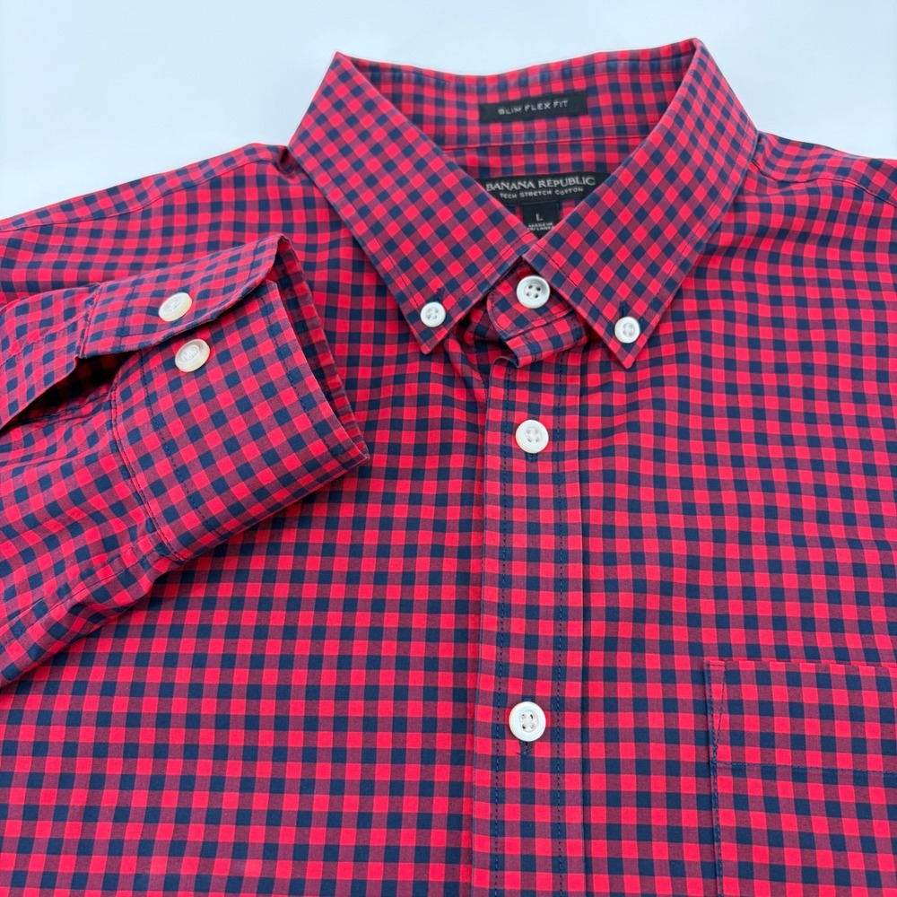 Banana Republic Mens Button Down Shirt‎ Large Red Navy Gingham Slim Flex Fit  L